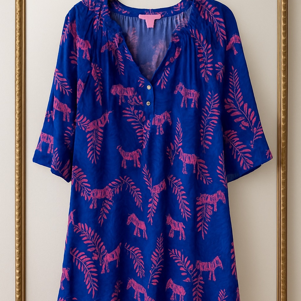 💙 Lilly Pulitzer Teigen Dress Blue Pink Zebra & Fern Print Size Large